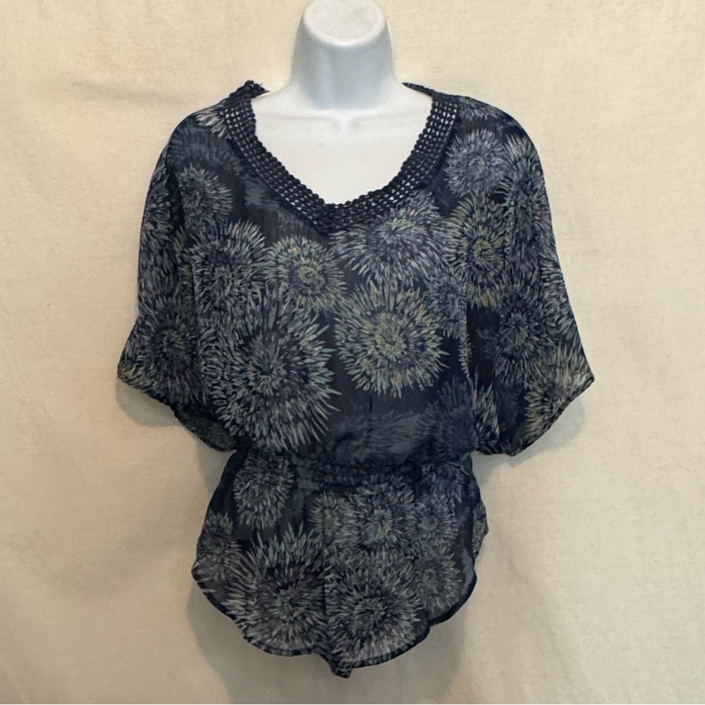 H-182 ANA A New Approach Blue & Green Sheer Short Sleeve Peplum Blouse Size MP